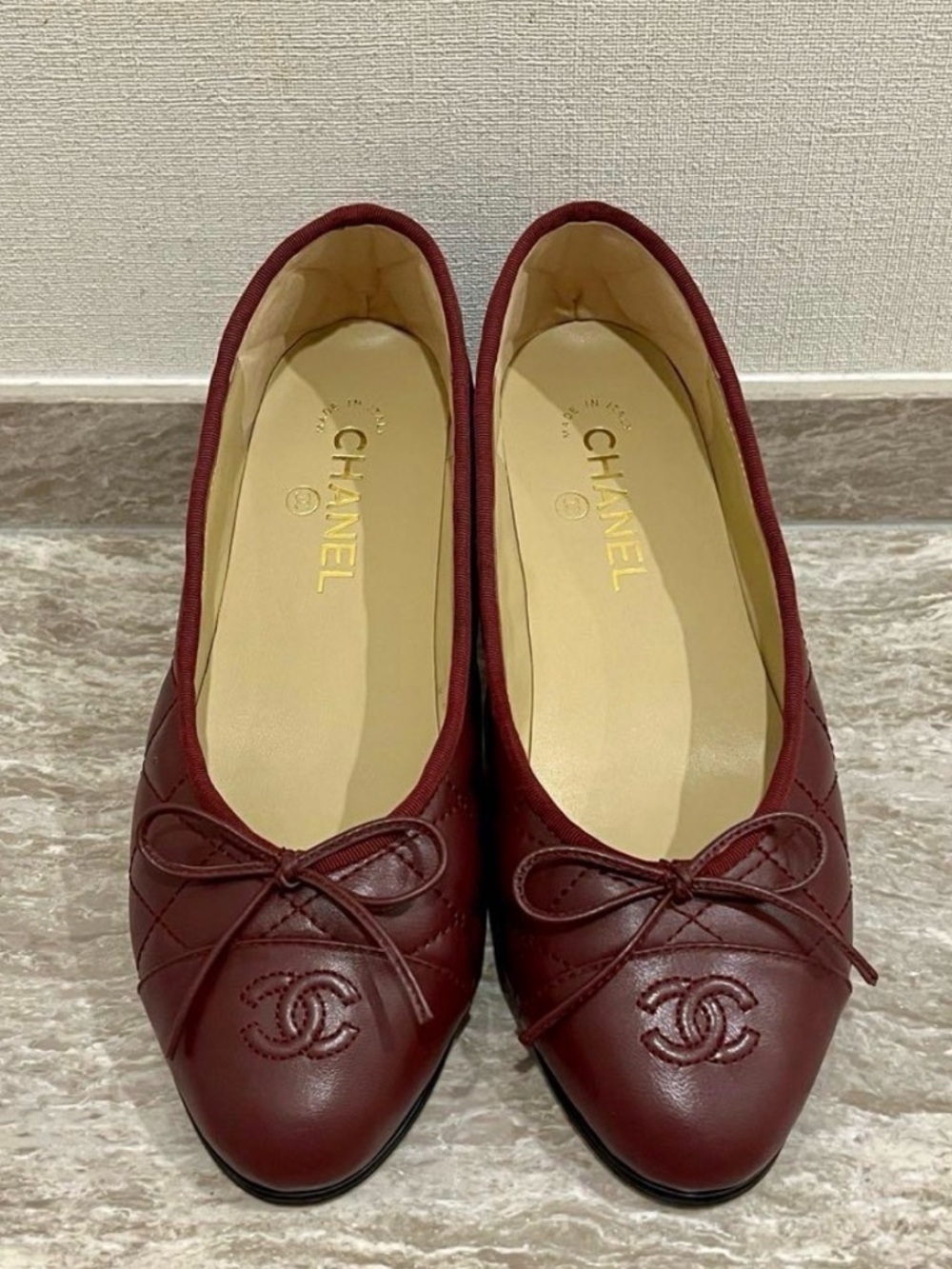 CHANEL Women's Burgundy Leather Quilted Ballet Flats 40